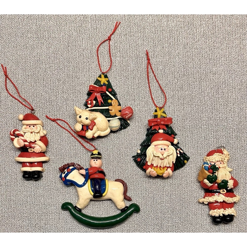 5 Polymer Clay Ornaments Christmas Tree Cat Rocking Horse Santa Nostalgic CUTE